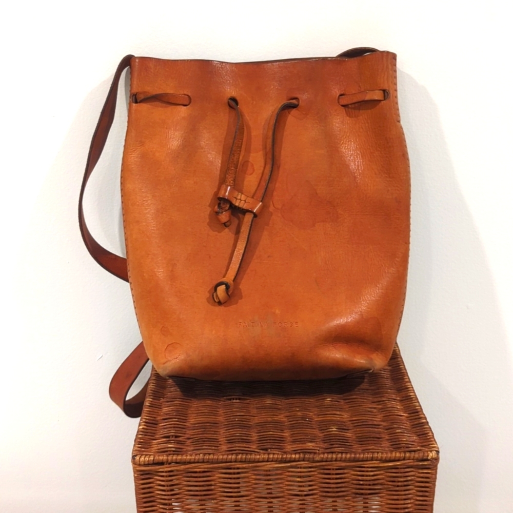 Fait La Force Brown Distressed Leather Haitian Bucket Bag